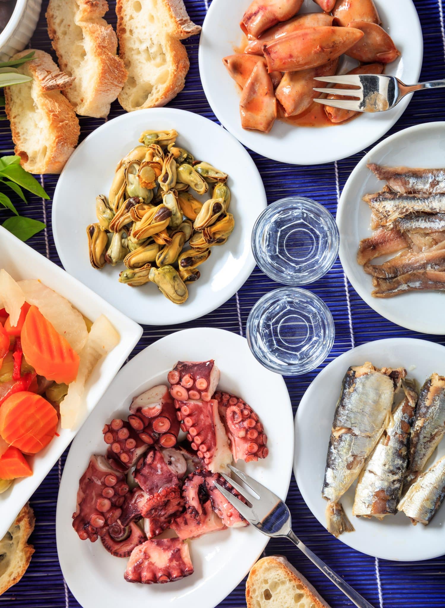 Cold ouzo, raki alcohol with seafood meze